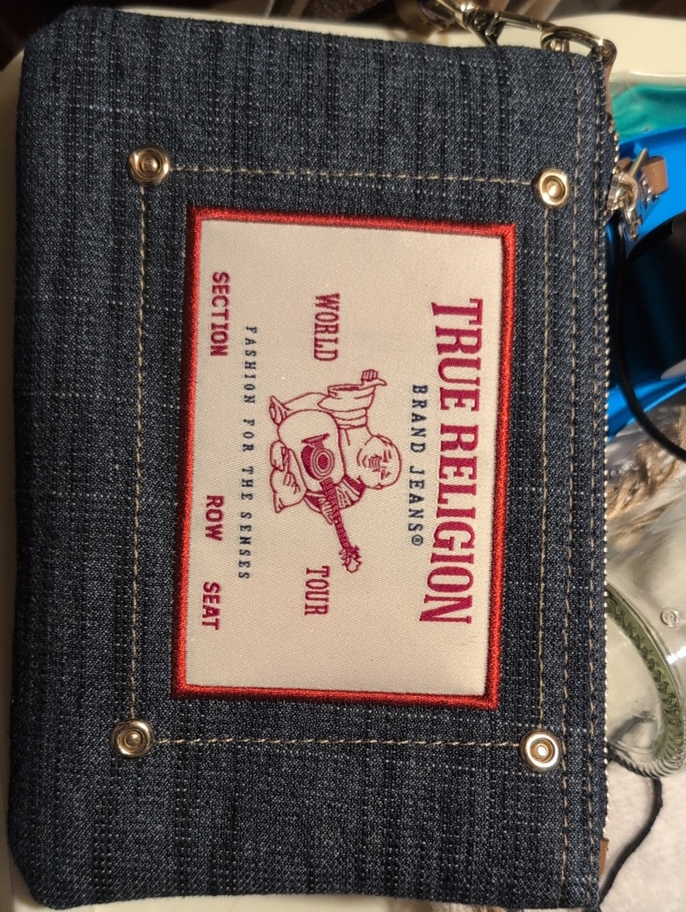 True Religion Denim Wristlet with Red and White Logo Patch